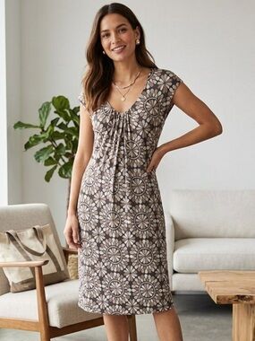 Boden Geo Medallion Scoop Neck Cap Sleeve Midi Dress | 70s Retro Lyocell 4L